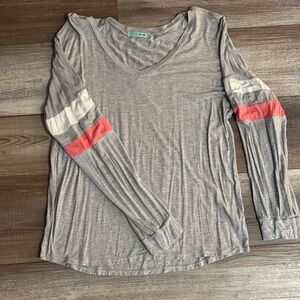 Light Gray V-Neck Long Sleeve Top with Coral & White Sleeve Stripes